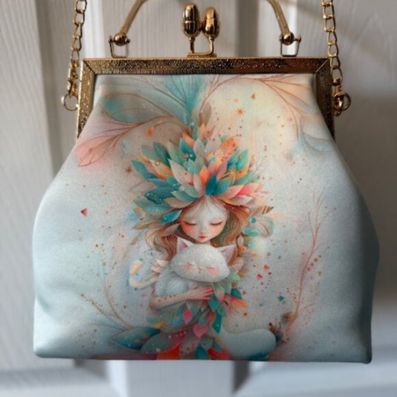 NWOT Satin whimsical print with girl and cat Crossbody Purse Bag Novelty - Picture 4 of 6